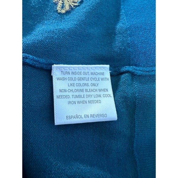 Charter Club Sweater Womens Size M Teal Metallic Gold Bee Embroidery Button Up - Picture 6 of 8